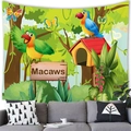 Tapisserie murale perroquets tropicaux avec oiseaux et fleurs vibrantes pour la décoration - Style Illustration Dessin Animé (3)