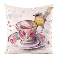 Faux silk pillow cover with watercolor bird on a rose-patterned teacup print - Bird on Cup Rim with Roses Pattern (7) / 45x45cm