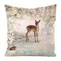Square cushion cover with deer and rabbit print in snowy forest on silk texture - 45x45cm / Faux Silk / Fawn and Wild Rabbit in Snow Pattern (7)