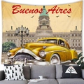 Retro Buenos Aires wall tapestry featuring a vintage yellow car over a modern grey sofa - Buenos Aires Yellow Car