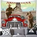 Retro Argentina cityscape tapestry featuring a red vintage car and guitar player - Argentina Red Car