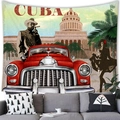 Retro Cuba tapestry featuring a red vintage car and Havana landmarks above a sofa - Cuba Red Car