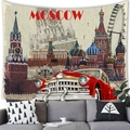 Detailed close-up of Moscow city landscape tapestry showing vintage car and landmarks - Peach Skin / 230X180 / Moscow Red-White Car
