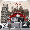 Detail of vintage Pisa tapestry featuring a red car and Leaning Tower in a cozy living room - Pisa Red Car