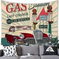 Vintage American car tapestry with gas station motifs for retro wall decoration - Red Car and Gas Station (Style 12)