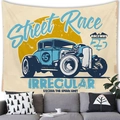 Retro street race car tapestry hanging on a minimalist living room wall for home decor - Blue Hot Rod (Style 11)