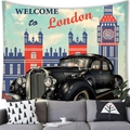 Detail of vintage London tapestry featuring a classic car and Big Ben over a sofa - London Black Car