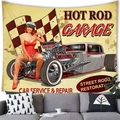 Vintage Hot Rod Garage tapestry featuring a classic pin-up girl and retro race car mural - Red Pin-up Girl and Silver Car (Style 10)