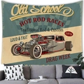 Vintage Hot Rod race car tapestry wall hanging displayed over a modern gray sofa - Hot Rod and Checkered Flag (Style 9)