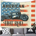 Macro shot of American vintage car tapestry fabric texture and neat edge stitching - Black Hot Rod and US Flag (Style 8)