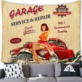 Detail of vintage garage tapestry featuring a retro red car and pin-up girl poster - 150x100cm / Peach Skin / Polka Dot Dress Girl and Red Car (Style 6)