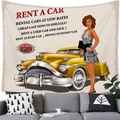 Detail of vintage car tapestry with yellow retro vehicle and pin-up girl wall hanging - Yellow Rent a Car Poster (Style 5)