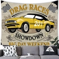 Detail of vintage American muscle car tapestry showing drag race text and checkered flags - 150x100cm / Peach Skin / Yellow Muscle Car (Style 4)