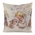 Square pillow cover featuring vintage angel and rabbit illustration on faux silk - 45x45cm / Faux Silk / Angel and Little Rabbit Pattern (8)