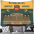 Detail of vintage Route 66 garage tapestry hanging over a sofa in a retro living room - Yellow and Green Service Station (Style 3)