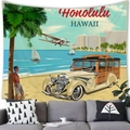 Tapiz de pared retro Hawaii Honolulu en piel de melocotón con coche antiguo y playa - Estilo 10