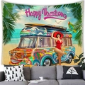 Detalle del tapiz de tela de piel de melocotón con bus de surf retro y Happy Vacation - Estilo 7