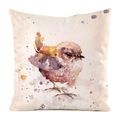 Square faux silk cushion cover featuring watercolor bird print on cream fabric - Purple-toned Bird Illustration Pattern (10) / 45x45cm
