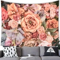 Retro floral wall tapestry featuring pink and orange roses above a cozy grey sofa - Vintage Lush Floral Style (1) / 150x100(Peach Skin)