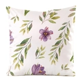 Dettaglio federa quadrata con fiori di zafferano viola e foglie verdi su trama di seta bianca - 45x45 cm / Stile Fiore di Zafferano Viola (11)