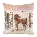 Square faux silk cushion cover featuring a Christmas pony and robin print on white background - 45x45cm / Faux Silk / Brown Pony and Robin Pattern (10)
