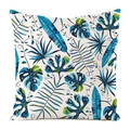 Dettaglio delle stampe di foglie tropicali su federa decorativa in finta seta bianca - 45x45 cm / Stile Pianta Tropicale Blu-Verde (10)