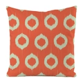 Close-up of bright orange faux silk pillow cover with green ikat circular patterns - Square