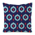 Close-up of the geometric Ikat print texture on the blue square silk cushion cover - Square / Blue & Red Striped