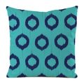 Close-up of circular ikat pattern texture on turquoise faux silk decorative pillow cover - Square