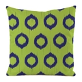 Detailed texture of lime green ikat throw pillow case with navy blue circular patterns - Square