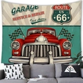 Retro Route 66 wall tapestry with red vintage car and checkered flags on peach skin fabric - 150x100cm / Peach Skin / Red Vintage Car and Route 66 (Style 2)