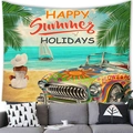 Tapiz de pared vintage de playa y surf con coche retro y escena oceánica sobre sofá - 150x100(Piel de Melocotón) / Estilo 1