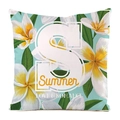 Vue détaillée de la housse de coussin avec fleurs de frangipanier et la lettre S - 45x45cm / Bleu Clair Summer Lettre Frangipanier (8)
