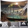Sci-fi alien planet tapestry with giant green celestial body and UFO over mountains - 14 / 100x70(Peach Skin)