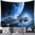 Close-up of spaceship over blue planet tapestry on white wall above grey sofa - 8 / 100x70(Peach Skin)