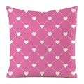 Square pink faux silk cushion cover with white heart pattern and grid design - Pink Heart Diamond Grid (1)
