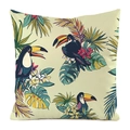 Detailed view of tropical bird print on faux silk decorative square throw pillow cover - Beige Background Toucan Tropical Plants Style (24)
