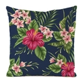 Macro detail of tropical hibiscus floral pattern on navy blue silk cushion cover - Dark Blue Background Tropical Hibiscus Style (17)