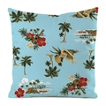 Detail view of Hawaiian style tropical pattern on light blue faux silk cushion cover - Sky Blue Background Hawaii Vacation Style (18)