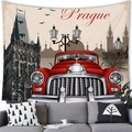 Retro style tapestry featuring a classic red car in Prague city landscape - Peach Skin / 230X180 / Prague Red Car