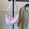 Pink and white checkered half-moon shoulder bag with casual bear embroidery details - No Pendant / Pink