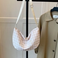Orange and white plaid hobo bag featuring embroidered heart and bear with adjustable strap - No Pendant / Beige