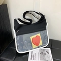 Black tote bag with white piping featuring a transparent front pocket and heart card - Black
