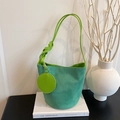 Minimalist green faux suede bucket bag with round coin purse and bright leather strap - Green