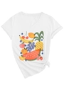 Detail des weißen V-Ausschnitt T-Shirts mit bunten Fruchtprints und modischem Knoten - S / Weiß