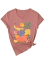 Close-up of V-neck pink t-shirt featuring artistic watercolor fruit print and side-knot detail - S / Rose Gold