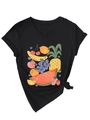 Detail of colorful fruit print on black V-neck t-shirt featuring watermelon and lemon - S / Black