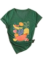 Detail of V-neck dark green t-shirt featuring vibrant fruit print and side-tie knot - S / Vintage Green