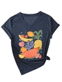 Detail view of the colorful fruit print on a dark grey-blue V-neck short-sleeve T-shirt - S / Navy Blue