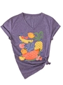 Detail of purple V-neck T-shirt with tropical fruit print and stylish front hem knot - S / Purple